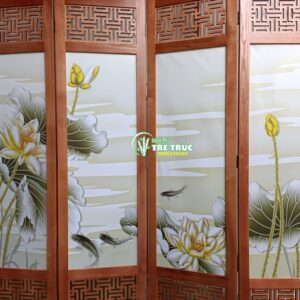 Bình phong khung gỗ tranh vải Hoa Sen Cá Chép
